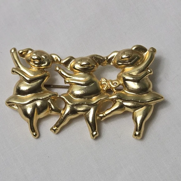 Dance Pig Brooch Gold Tone 3 Pigs Brooch Pin - Picture 4 of 12